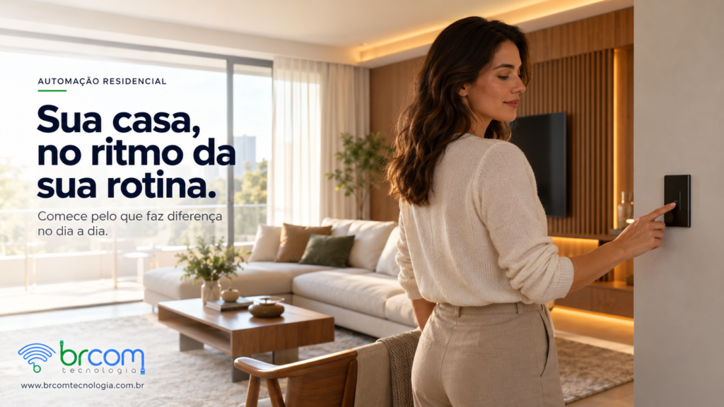 Mulher aciona um interruptor em sala moderna com iluminação integrada e cortinas.