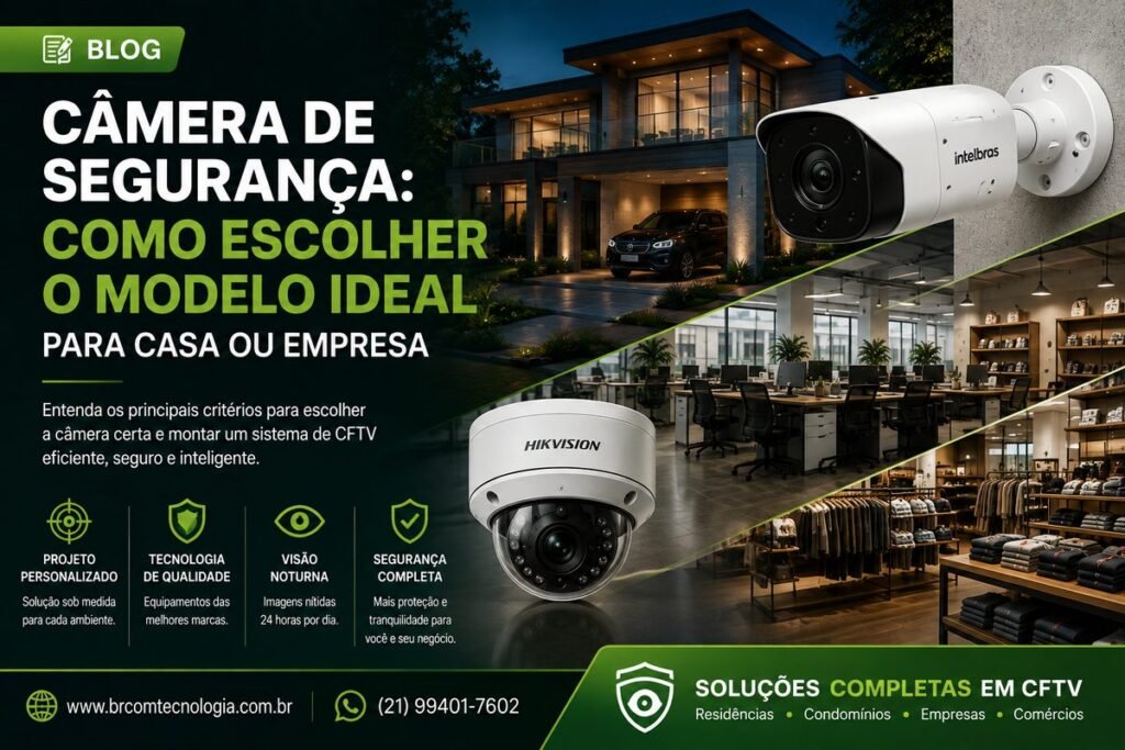 Capa do artigo da BRCOM sobre como escolher câmera de segurança para casa ou empresa