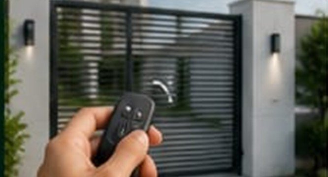 Portão automático de condomínio acionado por controle remoto
