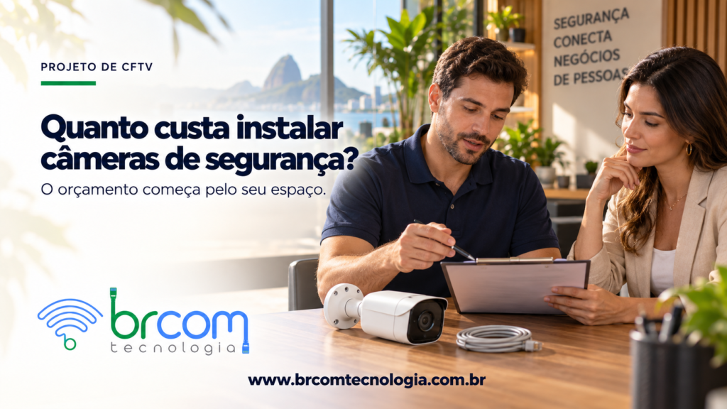 Duas pessoas avaliam um projeto de câmeras de segurança em escritório, com câmera e cabo sobre a mesa.