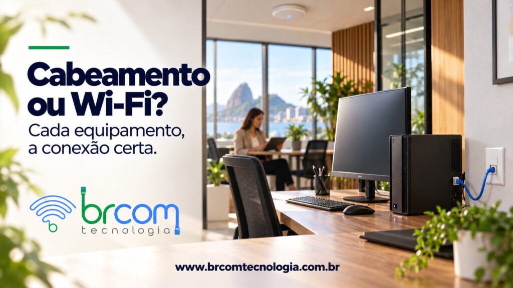 Escritório com computador conectado por cabo a uma tomada de rede, ponto de acesso Wi-Fi no teto e pessoa utilizando tablet ao fundo.