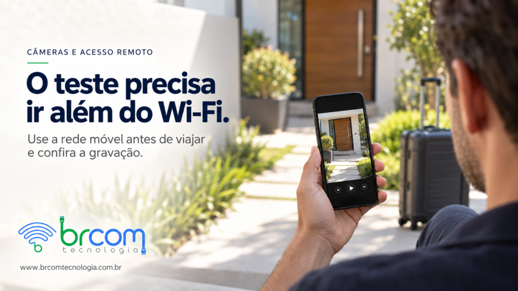 Homem consulta no celular uma imagem da entrada residencial, com mala ao fundo antes de uma viagem.