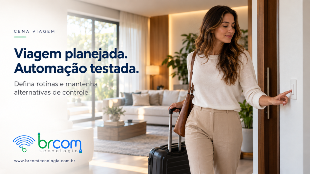 Mulher com mala aciona um interruptor junto à saída de uma residência moderna.