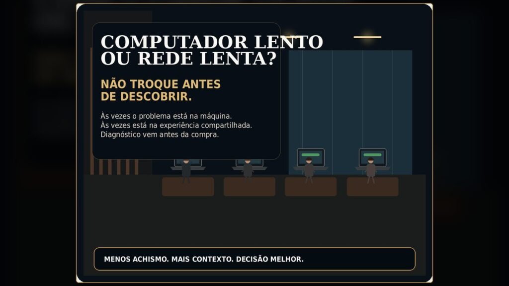 Técnico avaliando se a lentidão está no computador ou na rede
