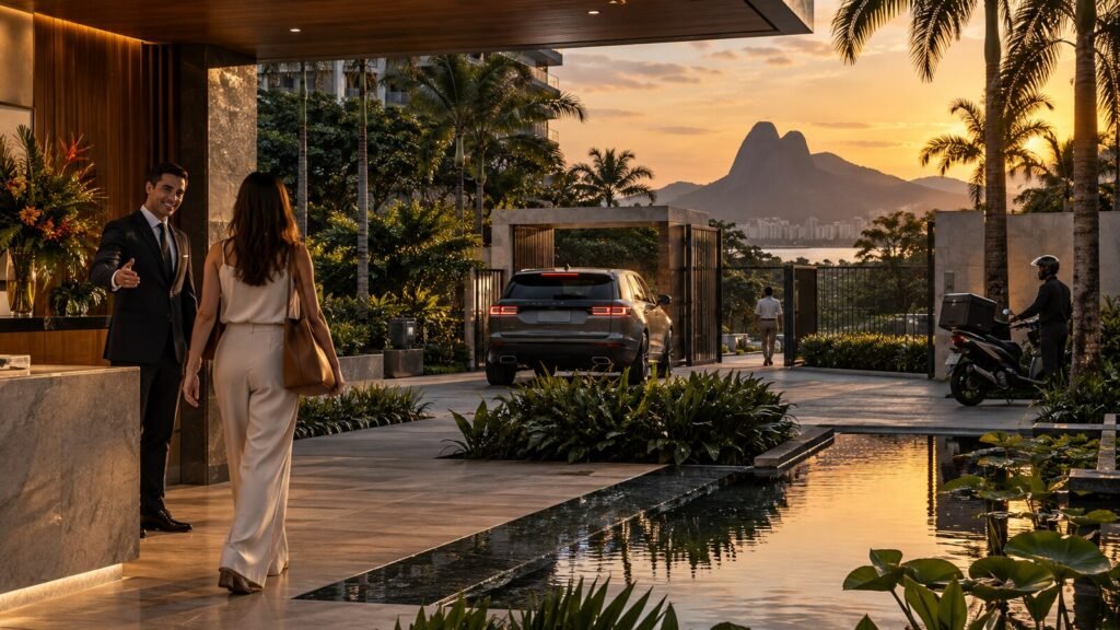 Fluxo de moradores, visitantes e veículos em condomínio da Barra da Tijuca