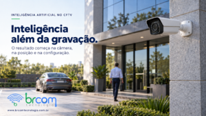 Câmera de segurança instalada no acesso de um edifício empresarial, com veículo e pedestre ao fundo.