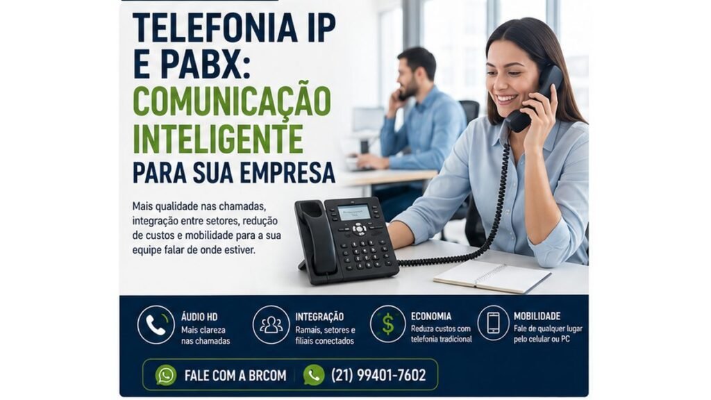 Telefone IP sobre a mesa de um escritório com PABX IP