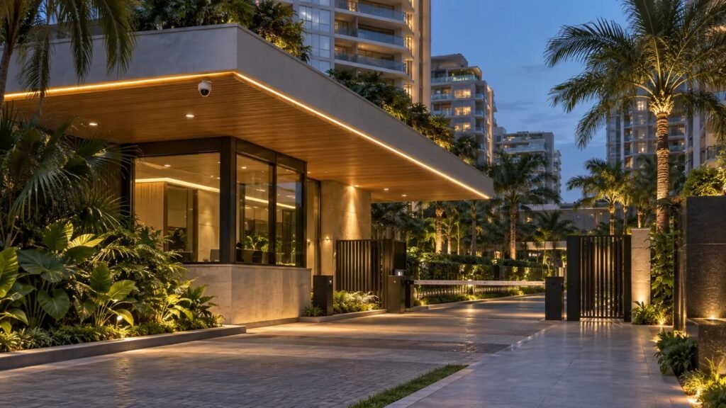 Portaria premium de condomínio com câmera de segurança discreta na Barra da Tijuca