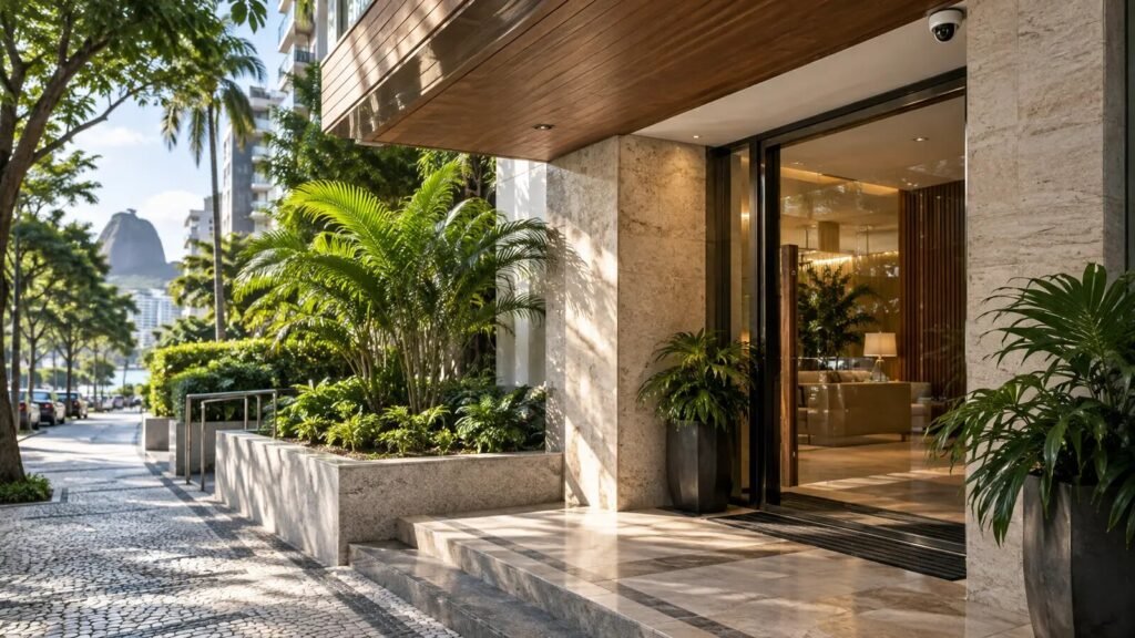Entrada premium de edifício com câmera de segurança discreta na Zona Sul do Rio de Janeiro