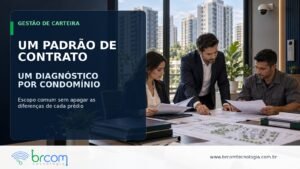 Gestora de administradora e técnico analisam plantas e documentos de manutenção de condomínios, com câmera e controle de acesso ao fundo.