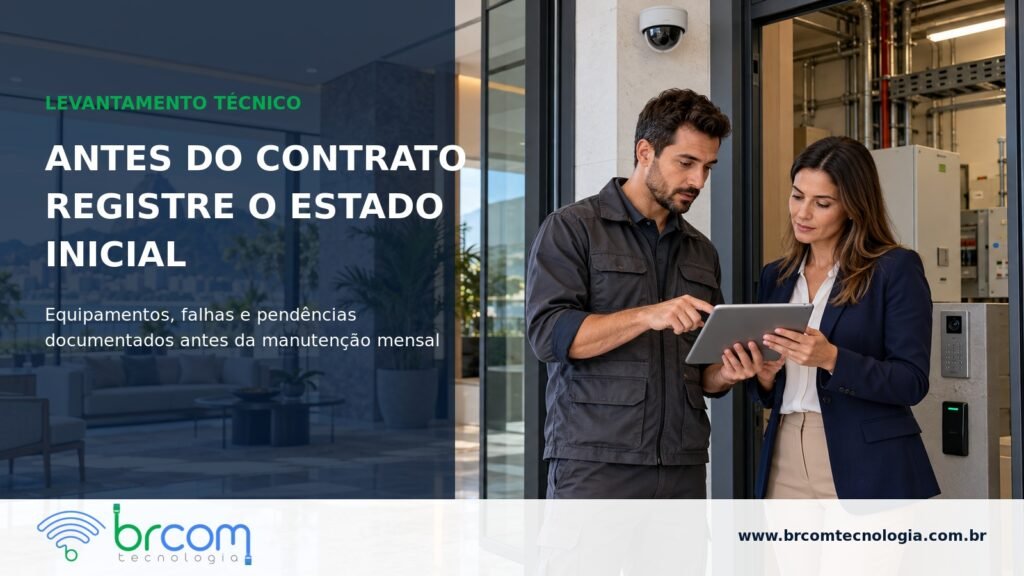 Técnico e gestora conferem em um tablet os equipamentos de segurança de um condomínio antes do início do contrato de manutenção.