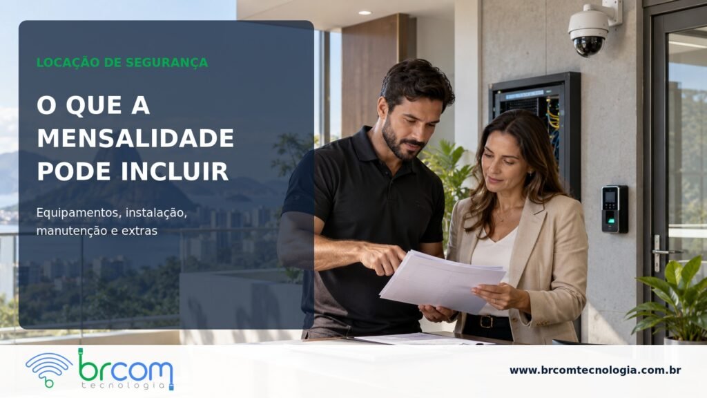 Gestora analisa proposta de locação de segurança eletrônica diante de câmeras e equipamentos instalados em ambiente corporativo moderno.