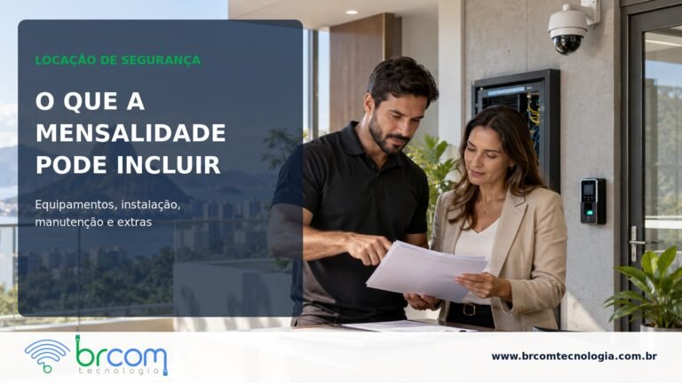 Gestora analisa proposta de locação de segurança eletrônica diante de câmeras e equipamentos instalados em ambiente corporativo moderno.