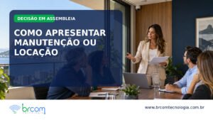 Gestora apresenta projeto de manutenção ou locação de segurança eletrônica a conselheiros em sala de reunião de condomínio no Rio de Janeiro.
