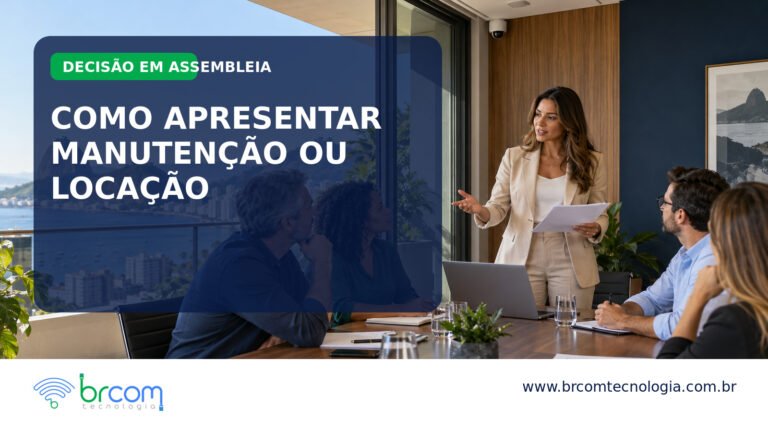 Gestora apresenta projeto de manutenção ou locação de segurança eletrônica a conselheiros em sala de reunião de condomínio no Rio de Janeiro.