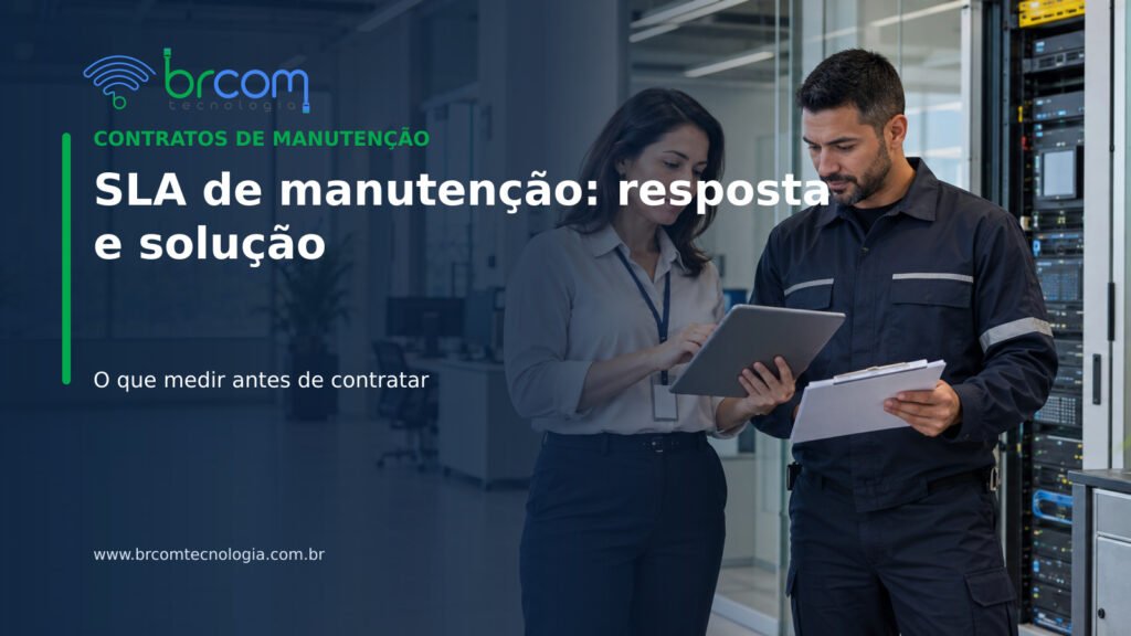 Gestor e técnico analisam chamado e prazos de um SLA de manutenção em ambiente corporativo.
