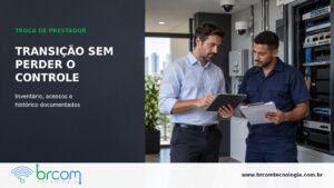 Gestor e técnico conferem inventário e documentos durante a transição entre empresas de manutenção.
